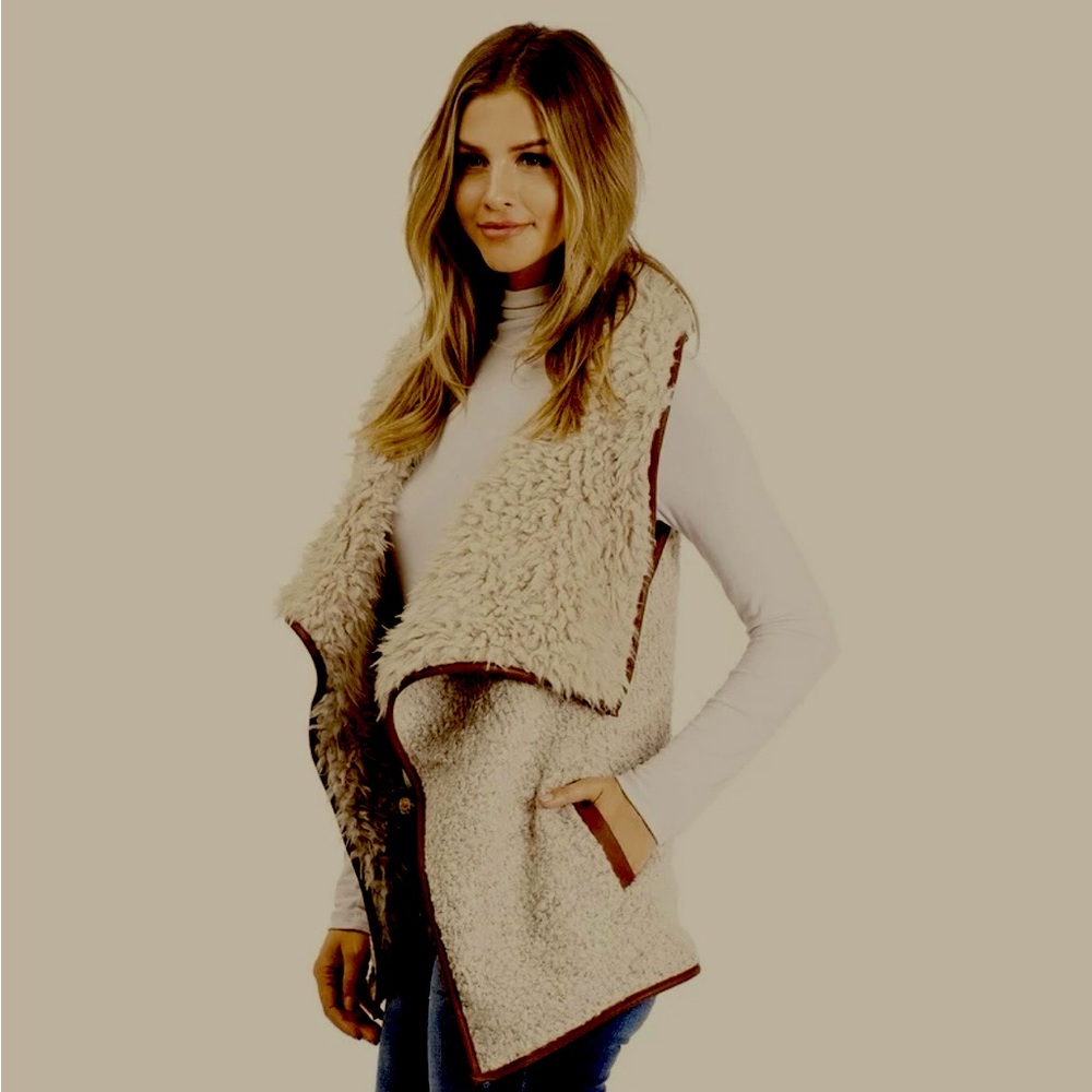 New Fur Long vest with faux leather applications ( size M)